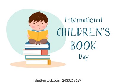 Children's book day concept. A cute boy is reading a book while sitting on a stack of books. Minimal banner desing, vector illustration template.