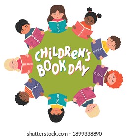Children's Book Day. Cute childrens read books. Education, library, studying, school hand drawn vector illustration with lettering.