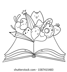 Children's Book Day doodle illustration.  Opened book with kawaii creatures, animals and food. Pattern for coloring page or design print. Easy to change color inside of objects.