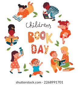 Children's Book Day poster with kids.Happy characters with storybooks, handwritten text, lettering and leaves.Set of vector clip art on white background.Happy childhood.Cartoon flat illustration.