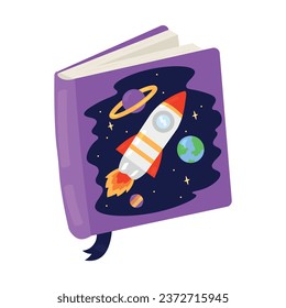 Children's book with drawn spaceship on white background