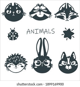 Children's book illustration animals. Set of images of animals. Dark silhouettes on a white background. Stylized vector isolated objects. Cat,  dog, rabbit, fox,  ladybug, star, hedgehog, raccoon.