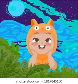 children's book illustration. girls is looking at the beautiful sky