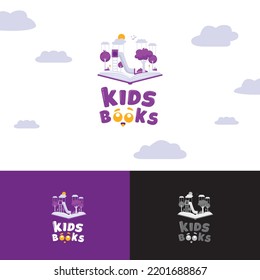 Children's book logo with a Paper craft style and a combination of books in purple white yellow color this logo for kindergarten kids school, kids product or brand