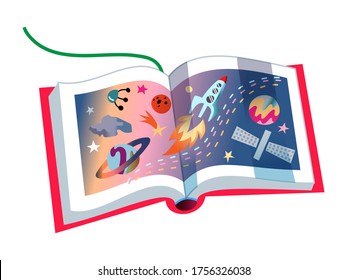 Children's book on astronomy, open pages with images of planets, space rockets, stars and objects. Vector cute illustration of kid educational literature, space and astronautics, studying of galaxy