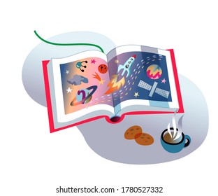 Children's book on astronomy, open pages with images of planets, space rockets, stars and objects. Vector cute illustration of kid educational literature, space and astronautics, studying of galaxy