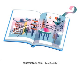 Children's book on futuristic metropolis, open pages with images of urban future architecture, fantastic cityscape, skyscrapers and transport. Vector cute illustration of kid educational literature