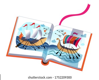 Children's book on historic naval battle of ships, open pages with images of enemy ships at sea, arrows fly. Vector cute illustration of kid educational literature, nautical adventures, pirates story