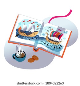 Children's book on historic naval battle of ships, open pages with images of enemy ships at sea, arrows fly. Vector cute illustration of kid educational literature, nautical adventures, pirates story