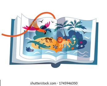 Children's book on savannah animals in Africa, open pages with images of loin, monkey, crocodile, turtle, flying parrot. Vector cute illustration of kid educational literature, african flora and fauna