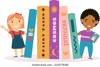 Childrens with books. Boy and girl are standing near books. Books for childrens and kids. I love books, I love reading. Children's book day. Poster for store, shop, library. 