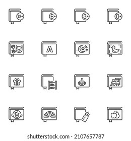 Childrens Books Line Icons Set, Outline Vector Symbol Collection, Linear Style Pictogram Pack. Signs, Logo Illustration. Set Includes Icons As Fantasy Tales, Baby Lullaby Book, Alphabet, Educational