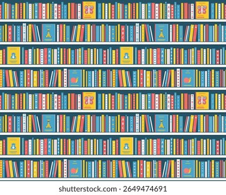 Children's Books on the Shelves. Seamless Pattern. Bookshelves with Kids Books. Library Interior or Bookstore Interior. Children's books on Shelves. Vector illustration in Blue, Yellow, Red, White.