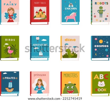 Children's books set. Illustrated covers of books.  Literature for kids. Children's reading. Colorful books covers. Front view of books. Vector illustration for library, bookstore, fair, festival. 