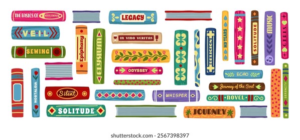 Children's books stack. Textbooks spines. Literature reading. Vintage drawing. Childish shelves. Cover cases. Fairy tales. Fiction novels. Color hardcovers. Library bookcase. Vector tidy elements set