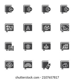 Childrens Books Vector Icons Set, Modern Solid Symbol Collection, Filled Style Pictogram Pack. Signs, Logo Illustration. Set Includes Icons As Fantasy Tales, Baby Lullaby Book, Alphabet, Educational