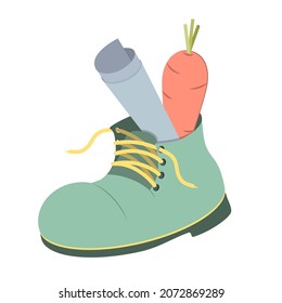 Children's boot with carrot and letter for St. Nicholas day. Dutch holiday Sinterklaas concept, vector illustration