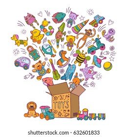 Childrens box for toys. Doodle pictures vector illustration. Children toys collection, color kids toys in box
