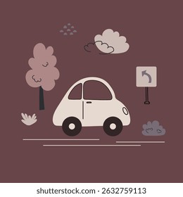 Children's boy's poster with a retro car, road signs, trees, bushes in pastel brown tones in a flat style. Vector
