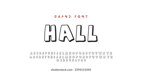 Children's bright cartoon font. ABC letters and numbers are painted creatively. Bright shiny alphabet. Cut out of paper. For birthday cards, banners, and posters. Vector