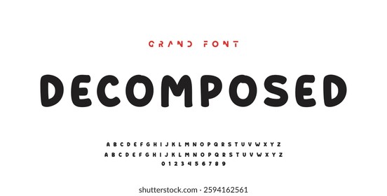 Children's bright cartoon font. ABC letters and numbers are painted creatively. Bright shiny alphabet. Cut out of paper. For birthday cards, banners, and posters. Vector