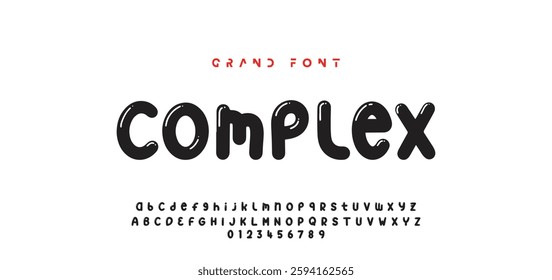 Children's bright cartoon font. ABC letters and numbers are painted creatively. Bright shiny alphabet. Cut out of paper. For birthday cards, banners, and posters. Vector