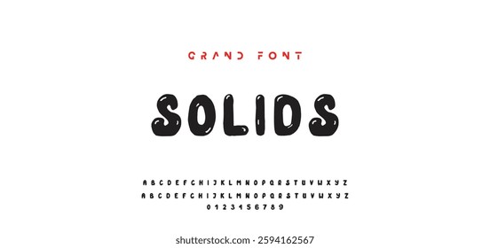 Children's bright cartoon font. ABC letters and numbers are painted creatively. Bright shiny alphabet. Cut out of paper. For birthday cards, banners, and posters. Vector