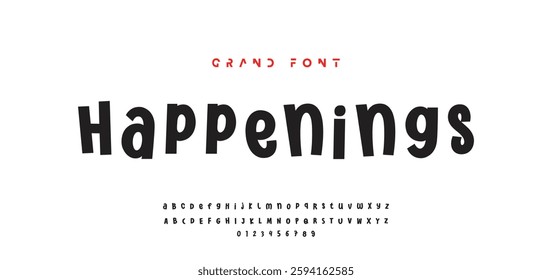 Children's bright cartoon font. ABC letters and numbers are painted creatively. Bright shiny alphabet. Cut out of paper. For birthday cards, banners, and posters. Vector