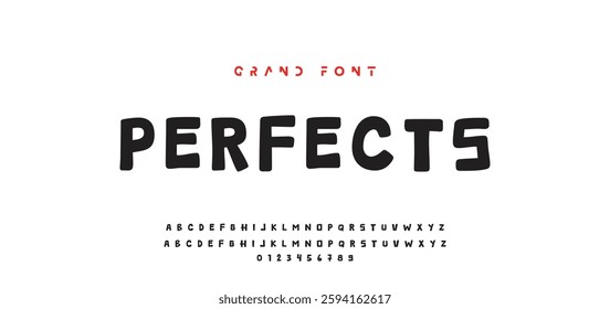 Children's bright cartoon font. ABC letters and numbers are painted creatively. Bright shiny alphabet. Cut out of paper. For birthday cards, banners, and posters. Vector