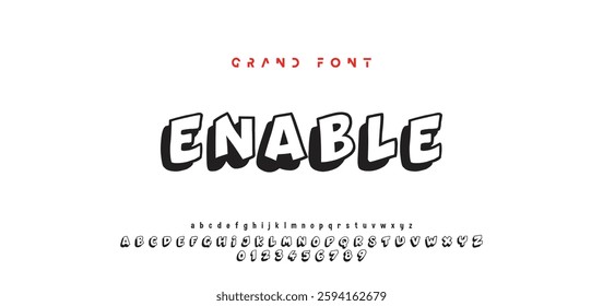 Children's bright cartoon font. ABC letters and numbers are painted creatively. Bright shiny alphabet. Cut out of paper. For birthday cards, banners, and posters. Vector
