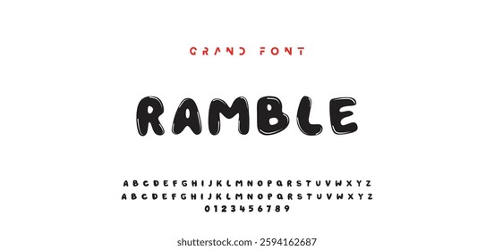 Children's bright cartoon font. ABC letters and numbers are painted creatively. Bright shiny alphabet. Cut out of paper. For birthday cards, banners, and posters. Vector