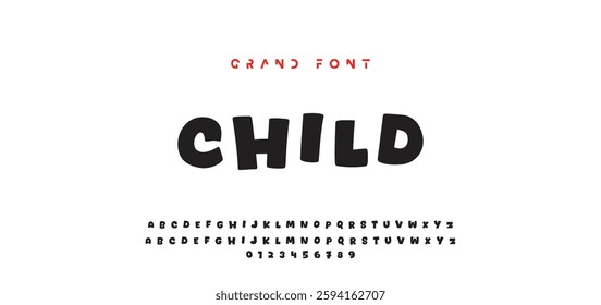 Children's bright cartoon font. ABC letters and numbers are painted creatively. Bright shiny alphabet. Cut out of paper. For birthday cards, banners, and posters. Vector