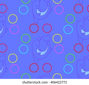 Children's bright cheerful dolphins pattern with multicolored rings on a purple background. Bright children's drawing, pattern, for printing on fabric, paper, packaging, wallpaper.