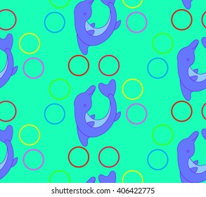 Children's bright cheerful dolphins pattern with multicolored rings on a turquoise background. Bright children's drawing, pattern, for printing on fabric, paper, packaging, wallpaper.