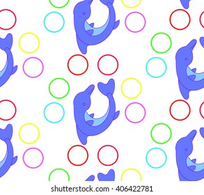 Children's bright cheerful dolphins pattern with multicolored rings on a white background. Bright children's drawing, pattern, for printing on fabric, paper, packaging, wallpaper.