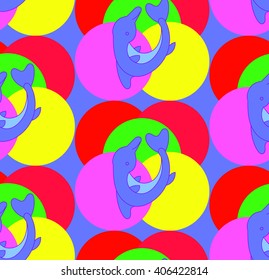 Children's bright cheerful dolphins pattern with multi colored balls on a purple background. Bright children's drawing, pattern, for printing on fabric, paper, packaging, wallpaper.