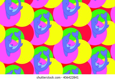 Children's bright cheerful dolphins pattern with multi colored balls. Bright children's drawing, pattern, for printing on fabric, paper, packaging, wallpaper.