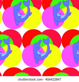 Children's bright cheerful dolphins pattern with multi colored balls on a white background. Bright children's drawing, pattern, for printing on fabric, paper, packaging, wallpaper.