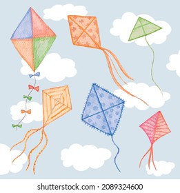 Children's bright cute illustration with kites of different colors on a background of blue sky with clouds. A children's postcard. Stickers