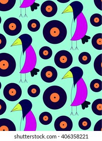 Children's bright cute pattern crow DJ with gramophone records on a turquoise background. Bright children's drawing, pattern, for printing on fabric, paper, packaging, wallpaper.