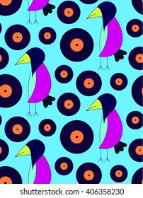 Children's bright cute pattern crow DJ with gramophone records on a blue background. Bright children's drawing, pattern, for printing on fabric, paper, packaging, wallpaper.