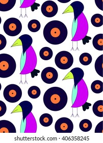 Children's bright cute pattern crow DJ with gramophone records on a white background. Bright children's drawing, pattern, for printing on fabric, paper, packaging, wallpaper.