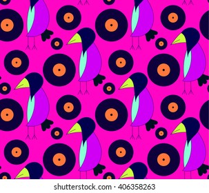 Children's bright cute pattern crow DJ with gramophone records on a pink background. Bright children's drawing, pattern, for printing on fabric, paper, packaging, wallpaper.