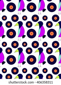 Children's bright cute pattern crow DJ with gramophone records on a white background. Bright children's drawing, pattern, for printing on fabric, paper, packaging, wallpaper.