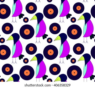 Children's bright cute pattern crow DJ with gramophone records on a blue background. Bright children's drawing, pattern, for printing on fabric, paper, packaging, wallpaper.