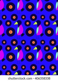 Children's bright cute pattern crow DJ with gramophone records on a dark blue background. Bright children's drawing, pattern, for printing on fabric, paper, packaging, wallpaper.