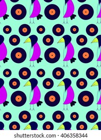 Children's bright cute pattern crow DJ with gramophone records on a turquoise background. Bright children's drawing, pattern, for printing on fabric, paper, packaging, wallpaper.