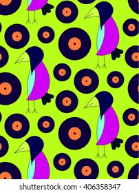 Children's bright cute pattern crow DJ with gramophone records on a green background. Bright children's drawing, pattern, for printing on fabric, paper, packaging, wallpaper.