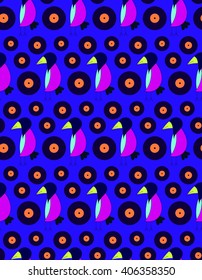 Children's bright cute pattern crow DJ with gramophone records on a dark blue background. Bright children's drawing, pattern, for printing on fabric, paper, packaging, wallpaper.