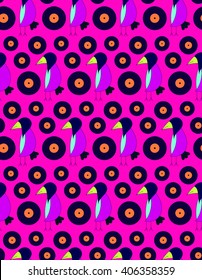 Children's bright cute pattern crow DJ with gramophone records on a pink background. Bright children's drawing, pattern, for printing on fabric, paper, packaging, wallpaper.